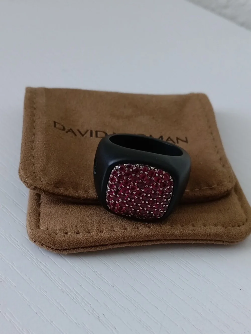 David Yurman Streamline Pave Ruby Titanium Signet Ring Band Size 11US